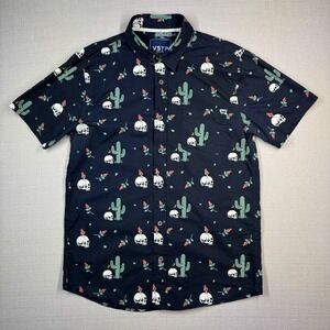 VSTR Mens S/S Button Down Shirt Black Skulls Cacti Roses Size Medium